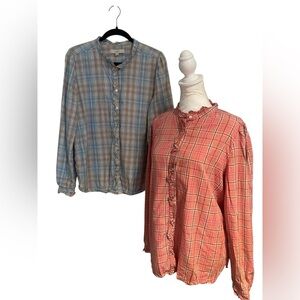 2 LOFT Size L Ruffle Blouses Pink & Blue Button Down Tops Feminine Work Casual